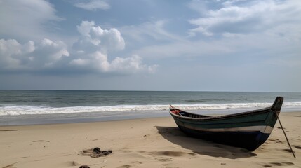 Beach scene with a fishing boat on the shore. Generative AI