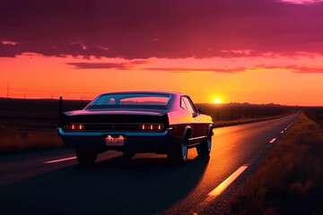 Fototapeta na wymiar a rare car drives along an endless highway in a neon sunset. AI