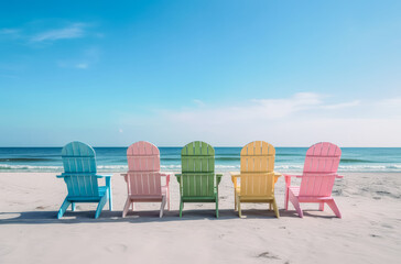 Colored Adirondack chairs on the beach, vibrant pastel colors. Generative Ai. 