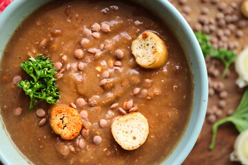 bowl of beef and lentil soup