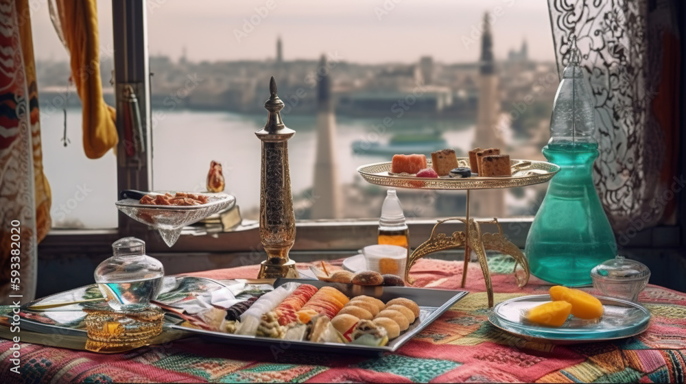 Poster a table topped with a tray of food next to a window. ai generative image