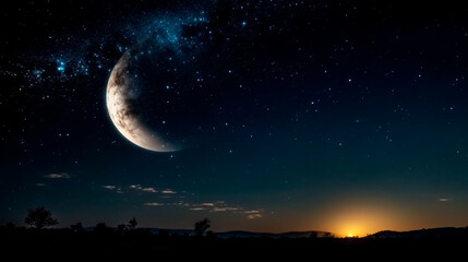 Fototapeta na wymiar The bright crescent moon on the night sky. Generative AI