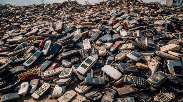 The heap of old waste mobile phones. Generative AI