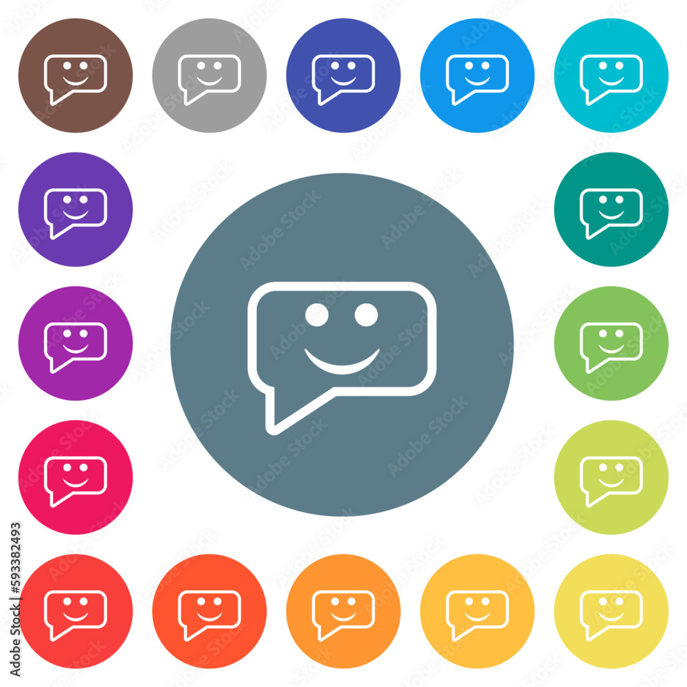 Poster rounded square smiling chat bubble outline flat white icons on round color backgrounds