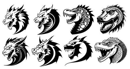 Set of dragon heads with open mouth and bared fangs, with different angry expressions of the muzzle. Symbols for tattoo, emblem or logo, isolated on a white background.
