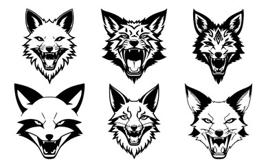 Set of fox heads with open mouth and bared fangs, with different angry expressions of the muzzle. Symbols for tattoo, emblem or logo, isolated on a white background.