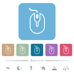 Computer mouse with cord outline flat icons on color rounded square backgrounds