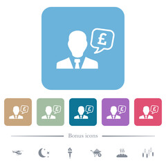 English Pound financial advisor flat icons on color rounded square backgrounds