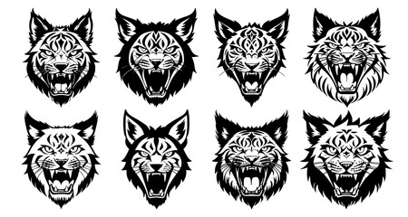Set of lynx heads with open mouth and bared fangs, with different angry expressions of the muzzle. Symbols for tattoo, emblem or logo, isolated on a white background.