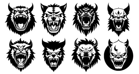 Fototapeta premium Set of horned monster heads with open mouth and bared fangs, with different angry expressions of the muzzle. Symbols for tattoo, emblem or logo, isolated on a white background.