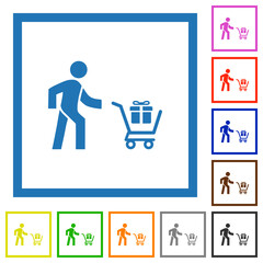 Shopping person with gifts flat framed icons
