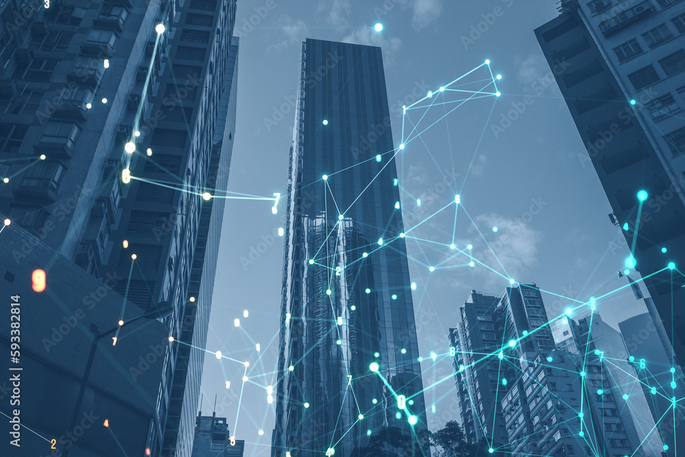 Poster Glowing polygonal coding mesh on blurry city texture. Technology and pattern concept. Double exposure.