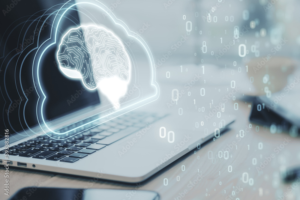 Poster artificial intelligence hardware concept. close up of laptop with glowing cloud brain and circuit ho