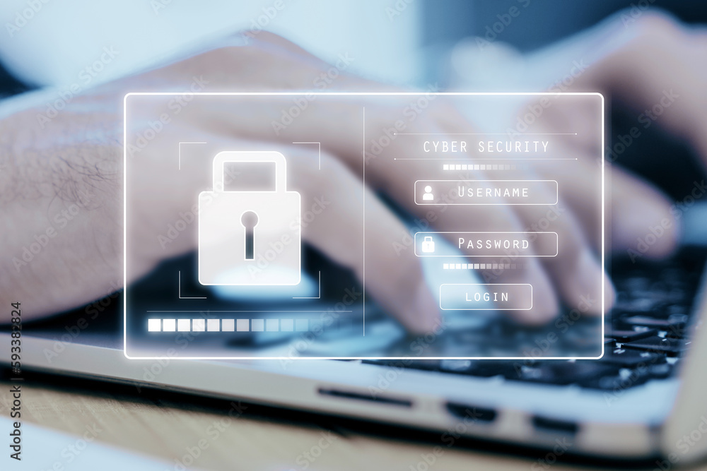 Poster Close up of hands using laptop keyboard with glowing padlock interface on blurry background. Safety, security and protection concept.