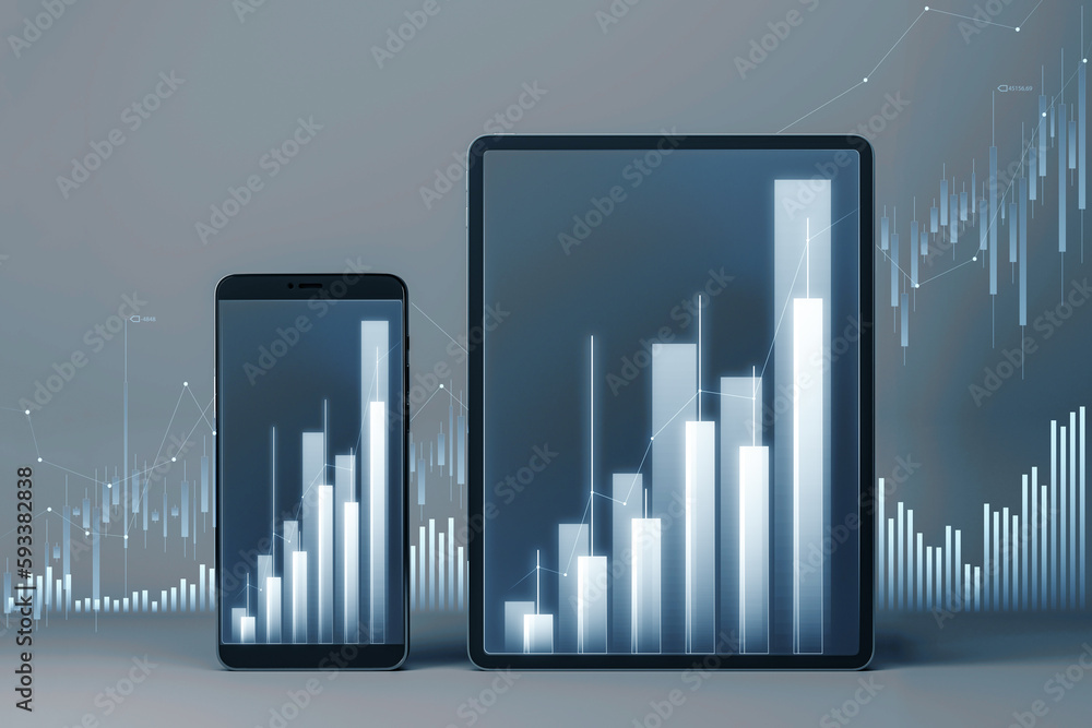 Poster close up of tablet and cellphone with glowing business chart hologram on background. finance and gro