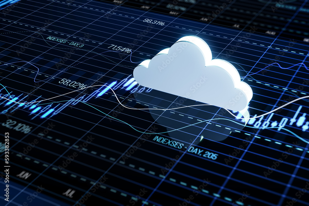 Poster Abstract cloud on blue forex chart background. Market growth and data server concept. 3D Rendering.
