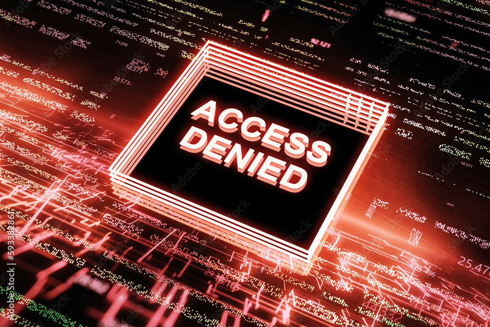Poster Abstract chip with text on blurry red tech background. Access denied, hacking, metaverse and future concept. 3D Rendering.