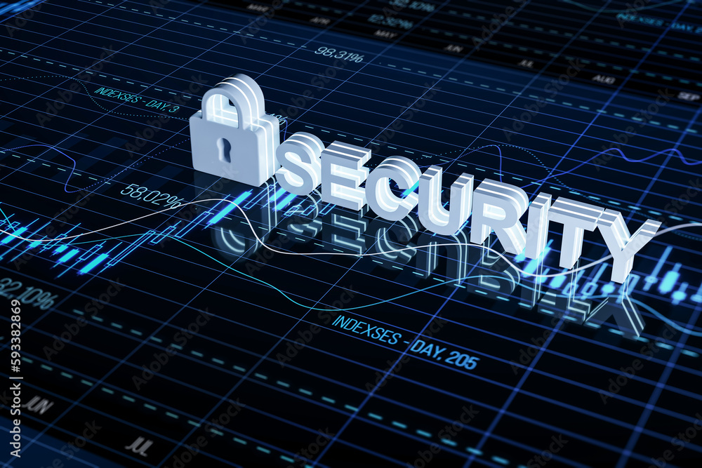 Poster creative security padlock on blue forex chart texture. financial growth and data protection concept.