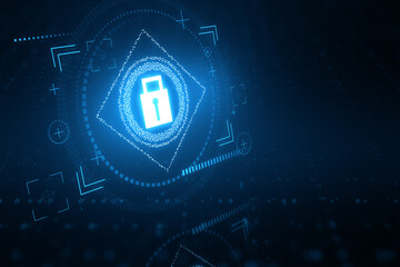 Glowing padlock interface on blurry background. Safety, security and protection concept. 3D Rendering.