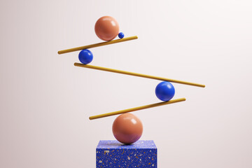 Abstract balancing geometric figures on light background. Impossible balance and confidence cnocept. 3D Rendering. - obrazy, fototapety, plakaty