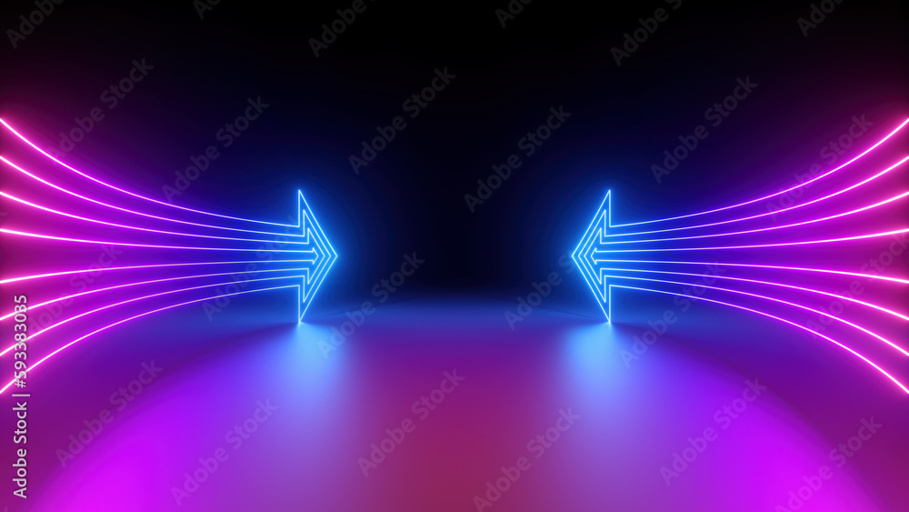 Poster 3d render, abstract minimalist geometric background. two counter neon arrows approaching each other.