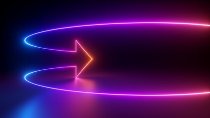 3d render, abstract minimalist geometric background. Glowing neon arrow shows right direction, linear sign