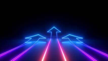 3d render, abstract minimalist geometric background. Three neon arrows, linear rising chart - 593383034
