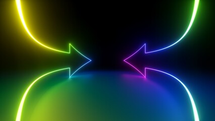 3d render, abstract minimalist colorful background. Two counter neon arrows approaching each other, linear graphics. Opposition concept