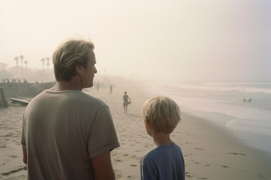 Father and child walking on the beach. Generative AI