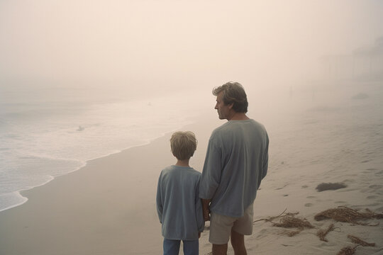 Father and son walking on the beach. Generative AI