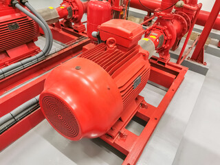 View at industrial electrically powered water pumps and pipes, this pumping group serves for water injection for building fires, sprinklers and fire reels View industrial electrically powered pump