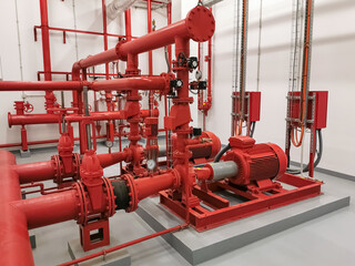 View at industrial electrically powered water pumps and pipes, this pumping group serves for water injection for building fires, sprinklers and fire reels View industrial electrically powered pump