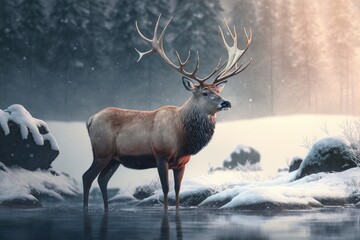Noble Deer male in winter snow forest Generative AI