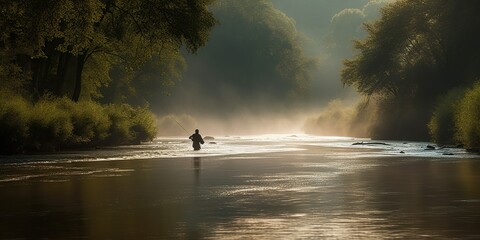 person fly fishing in peaceful river appealing to those interested in serenity and skill of this niche pastime, concept of Tranquility and expertise, created with Generative AI technology