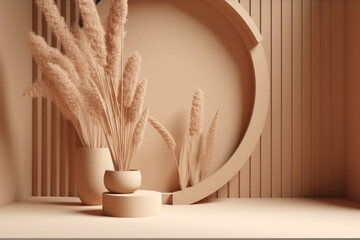 Podium with wood display, beige background, and dry pampas grass in a vase. Bright cosmetic beauty product promotion pedestal with nature tree shadow. Generative ai.