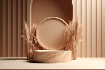 Obraz na płótnie Canvas Podium with wood display, beige background, and dry pampas grass in a vase. Bright cosmetic beauty product promotion pedestal with nature tree shadow. Generative ai.
