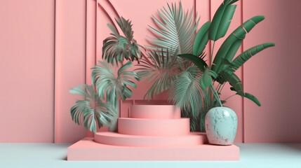 Minimal display podium with tropical plants and flowers. Tropical botanicals showcased in a modern and vibrant setting. Generative ai.