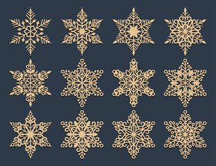Set of laser cutting openwork snowflakes. Vector silhouette of christmas decoration. Template for paper isolated on blue background. Stencil for scrapbooking, carved wood.