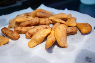 Fried party snacks on a paper towel in Rio de Janeiro.