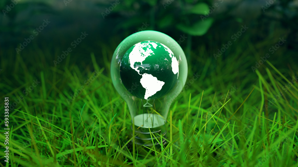 Poster global environmental protection concept background image with a globe on grass in a forest, 3d rende