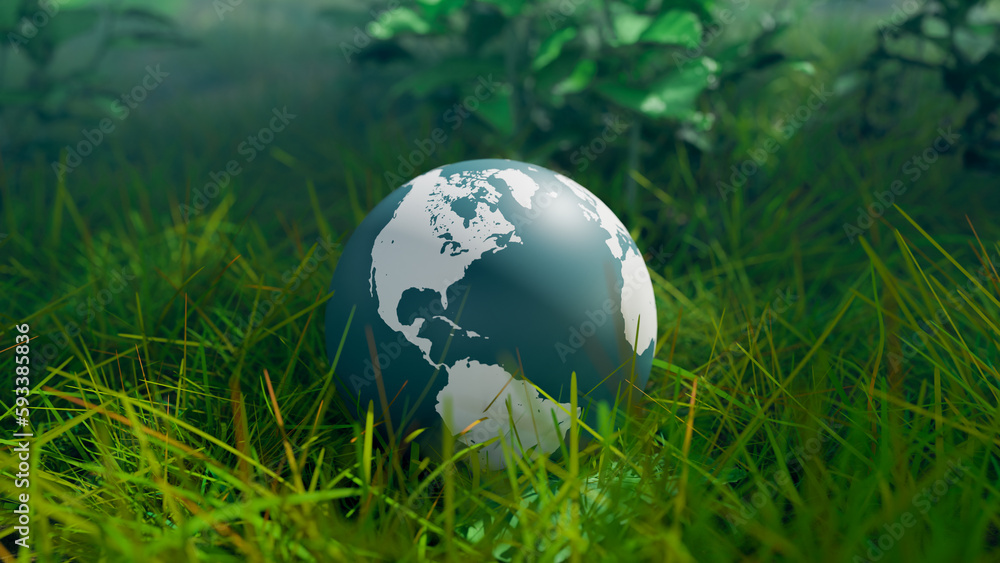Poster global environmental protection concept background image with a globe on grass in a forest, 3d rende
