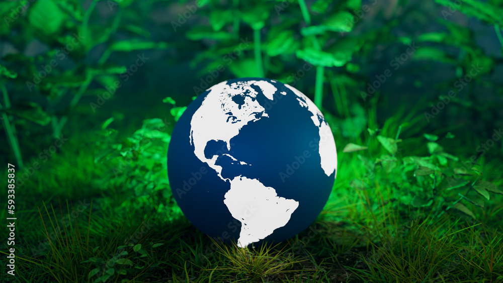 Poster global environmental protection concept background image with a globe on grass in a forest, 3d rende