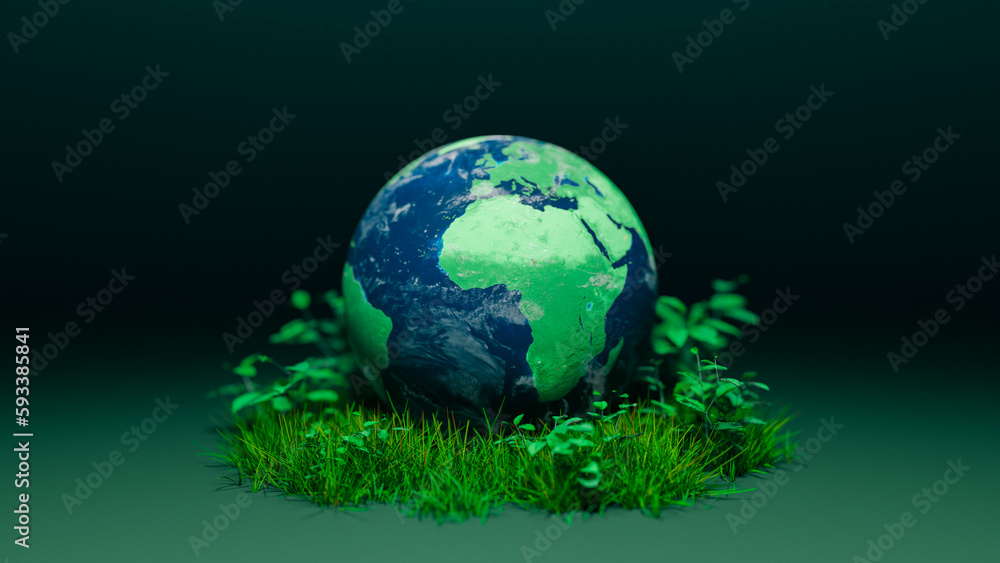 Poster global environmental protection concept background image with globe on grass, 3d rendering