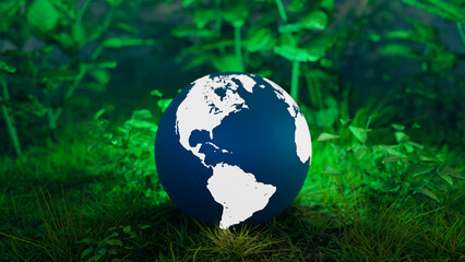 Obraz na płótnie Canvas Global environmental protection concept background image with a globe on grass in a forest, 3d rendering