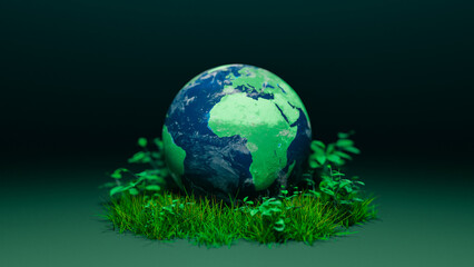 Global environmental protection concept background image with globe on grass, 3d rendering