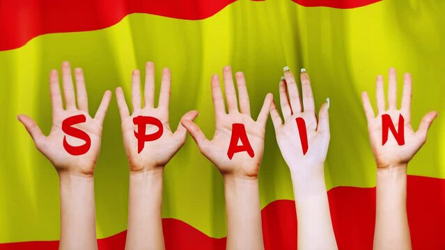 Spain Country Flag with animated hands written letters, to make name of country