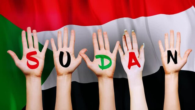Sudan Country Flag with animated hands written letters, to make name of country