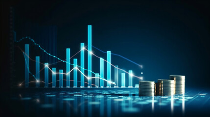 Coin background with a blue finance graph and investment bar, showcasing growth and success in the market with technology and currency reports. Generative ai.