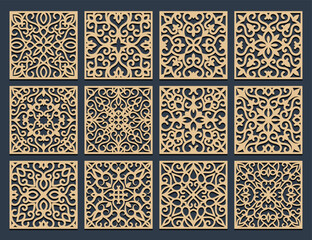 Laser cut pamels template, abstract geometric pattern. Metal decorative cutout, wood carving, fretwork stencil, paper art. For interior design, card background decoration, engraving. Vector set