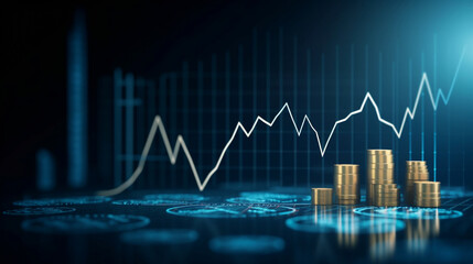 Naklejka premium Coin background with a blue finance graph and investment bar, showcasing growth and success in the market with technology and currency reports. Generative ai.
